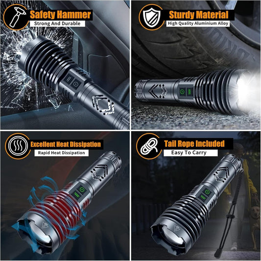 15000 Lumens Tactical Flashlight with 24-Hour Battery and USB Output