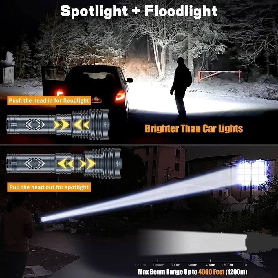 15000 Lumens Tactical Flashlight with 24-Hour Battery and USB Output