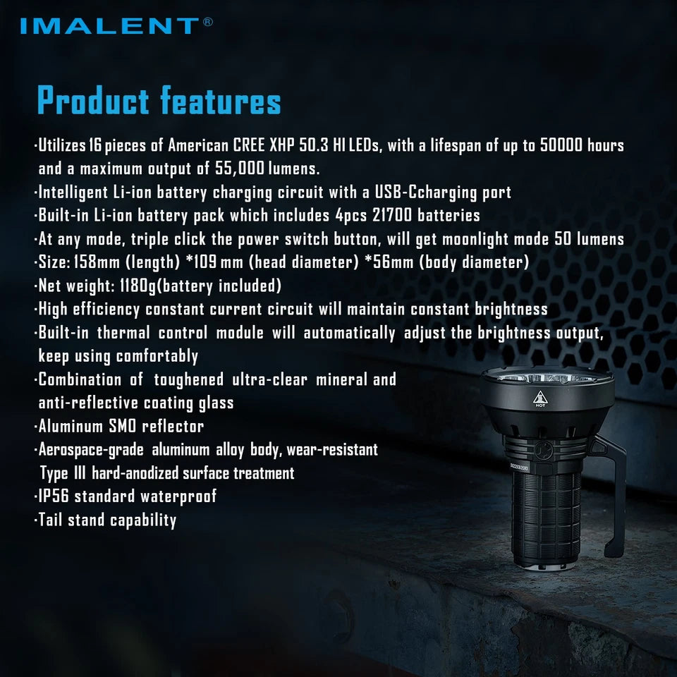 Imalent SR16 Rechargeable Spotlight 55000 Lumen Super Bright Handheld Flashlight